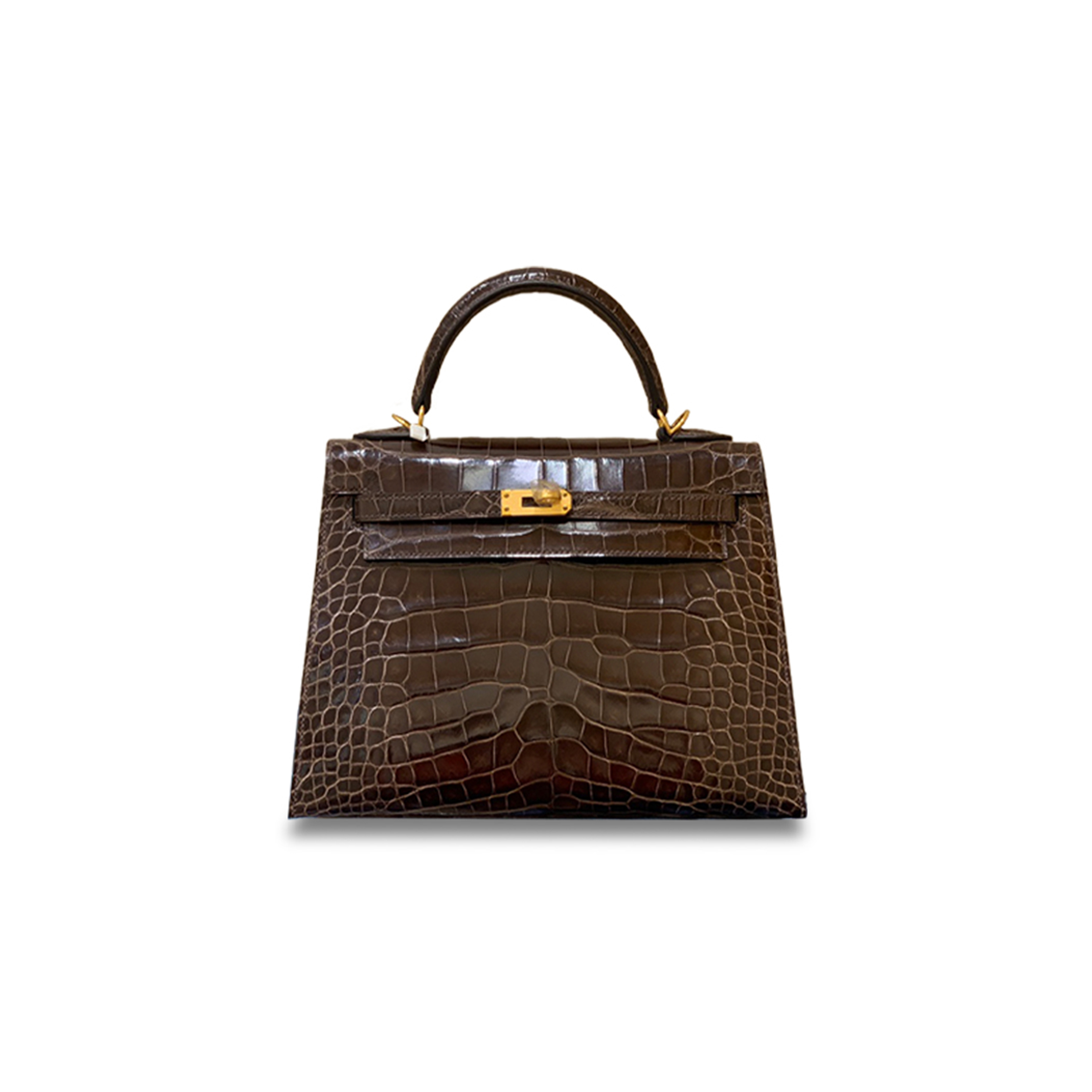 H**mes master kelly 25 shiny alligator leather chocolate brown gold buckle (25*17*7cm)